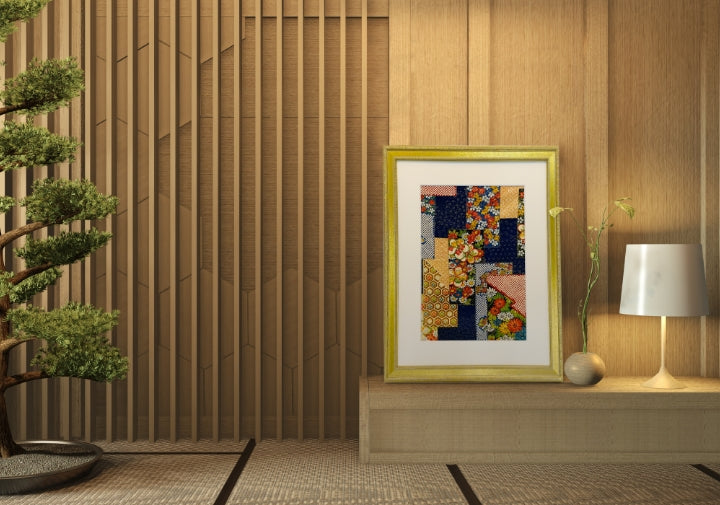 部屋に飾られた着物パネル