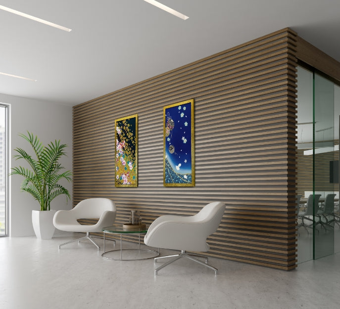 オフィスに飾られた着物パネル